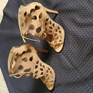 M&L Mangosteen Boho Caged Laser Cutout Lace Up Heel Sandal Booties Tan 6